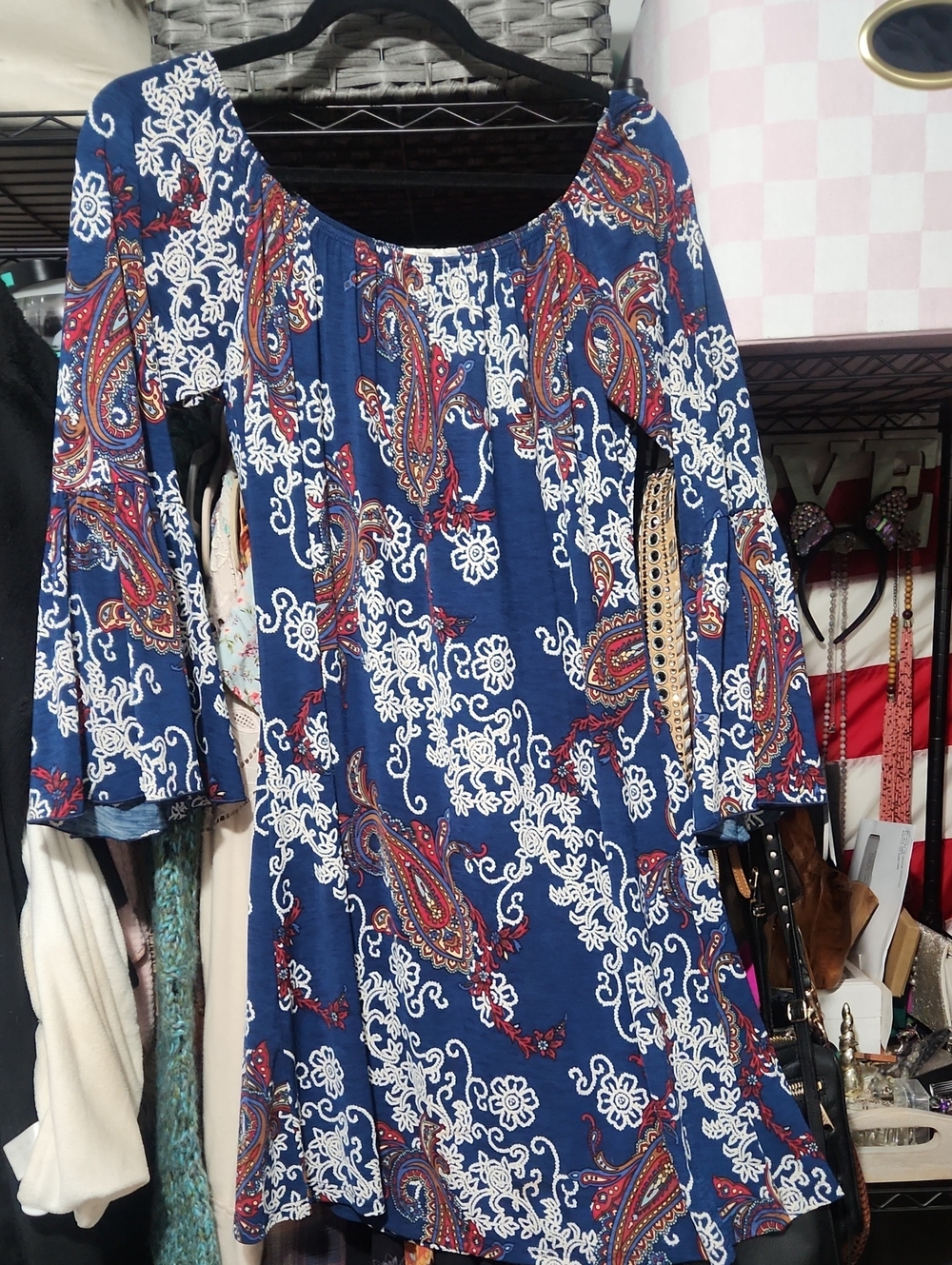 Navy Paisley Bell-Sleeve Mini Dress Can Be Worn Off The Shoulder